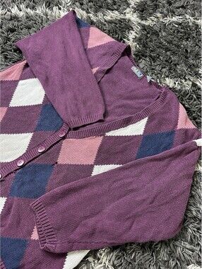Vintage 90s Paris Sport Club Argyle Knit Cardigan Sweater Mens Large Purple